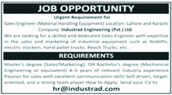 Sales Engineer Jobs in Industrial Engineering Private Limited Lahore